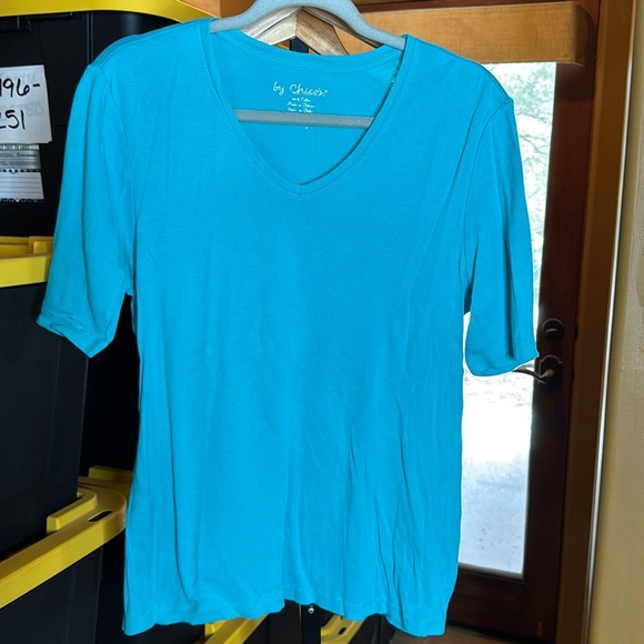 Chico's Vibrant Turquoise 100% Cotton Elbow-Sleeve Perfect Tee Size Large (2) - Picture 2 of 6
